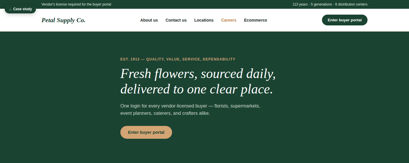 Petal Supply Co — wholesale floral buyer portal homepage